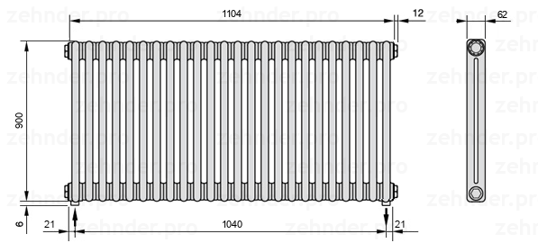 Схема (чертеж) Радиатор Zehnder Charleston 2090/24 №5310 Белый глянцевый RAL 9016